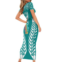 Personalised Kia Kaha Te Reo Maori Family Matching Short Sleeve Bodycon Dress and Hawaiian Shirt Hei Tiki Mix Koru - Teal LT7 - Polynesian Pride
