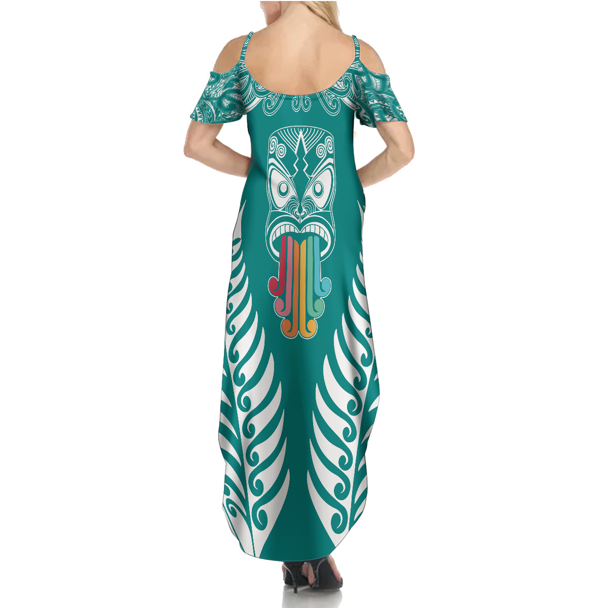 Personalised Kia Kaha Te Reo Maori Family Matching Summer Maxi Dress and Hawaiian Shirt Hei Tiki Mix Koru - Teal LT7 - Polynesian Pride