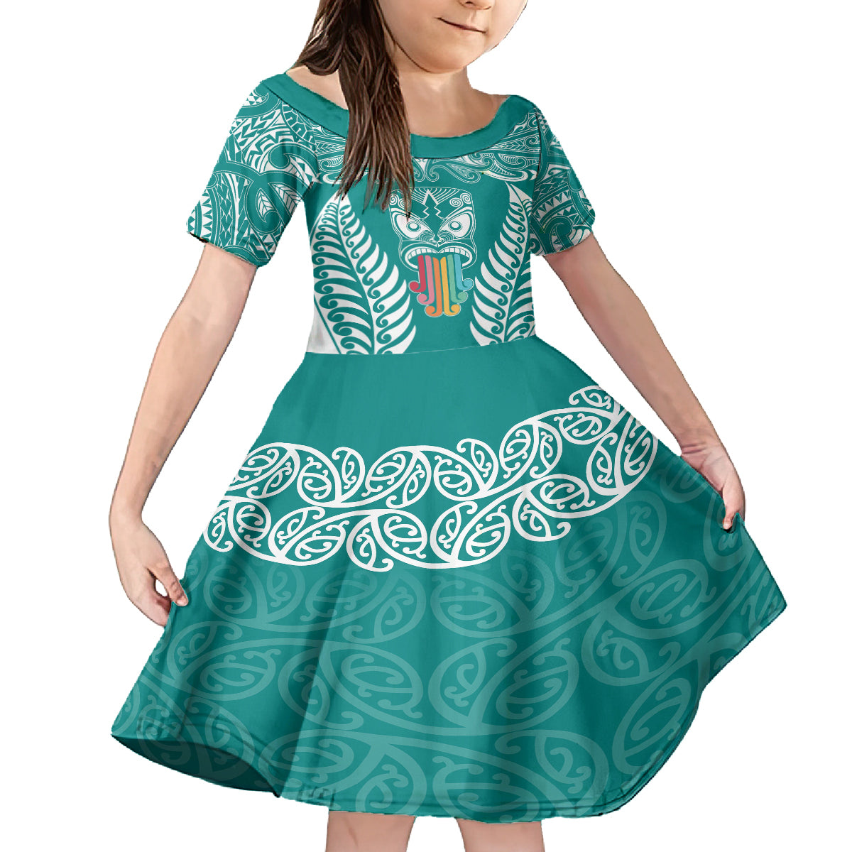Personalised Kia Kaha Te Reo Maori Family Matching Tank Maxi Dress and Hawaiian Shirt Hei Tiki Mix Koru - Teal LT7 Daughter's Dress Teal - Polynesian Pride