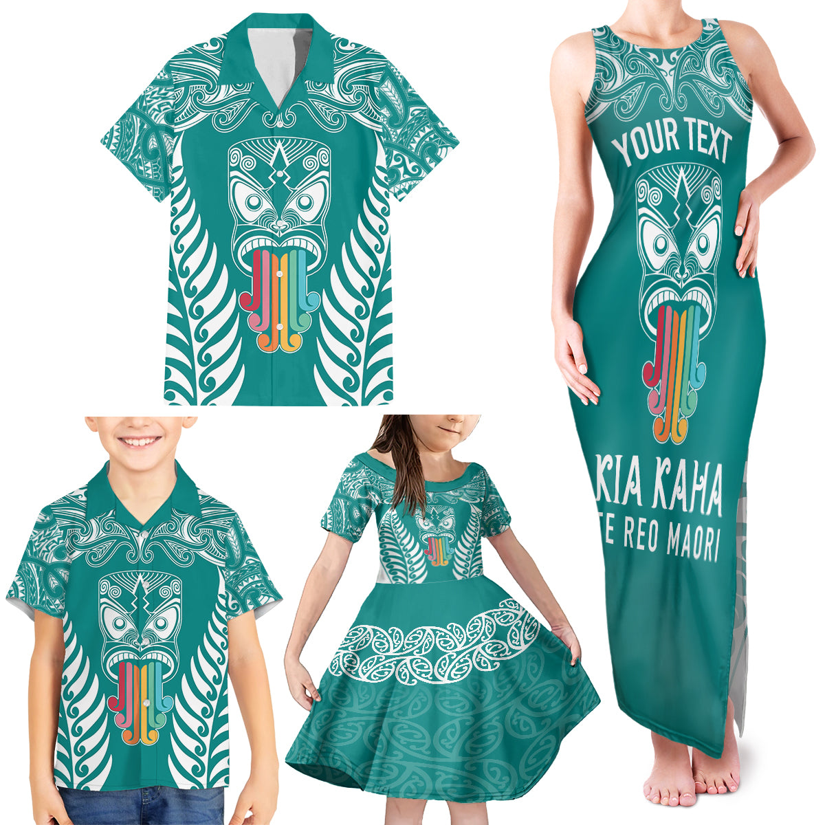 Personalised Kia Kaha Te Reo Maori Family Matching Tank Maxi Dress and Hawaiian Shirt Hei Tiki Mix Koru - Teal LT7 - Polynesian Pride