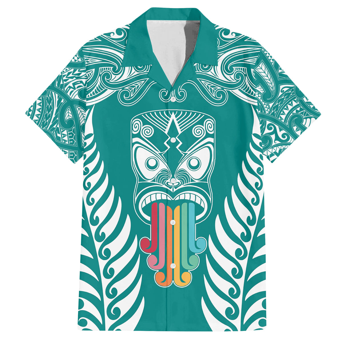 Personalised Kia Kaha Te Reo Maori Family Matching Tank Maxi Dress and Hawaiian Shirt Hei Tiki Mix Koru - Teal LT7 Dad's Shirt - Short Sleeve Teal - Polynesian Pride