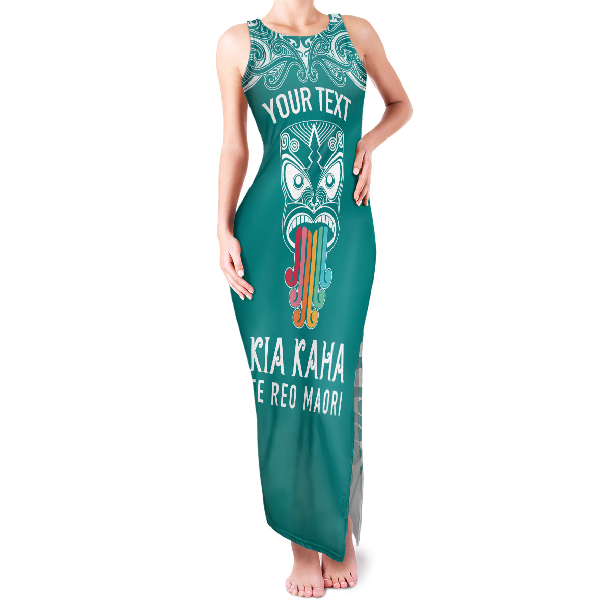 Personalised Kia Kaha Te Reo Maori Family Matching Tank Maxi Dress and Hawaiian Shirt Hei Tiki Mix Koru - Teal LT7 Mom's Dress Teal - Polynesian Pride