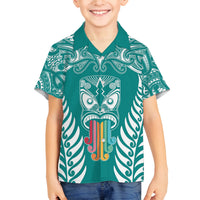 Personalised Kia Kaha Te Reo Maori Family Matching Tank Maxi Dress and Hawaiian Shirt Hei Tiki Mix Koru - Teal LT7 Son's Shirt Teal - Polynesian Pride