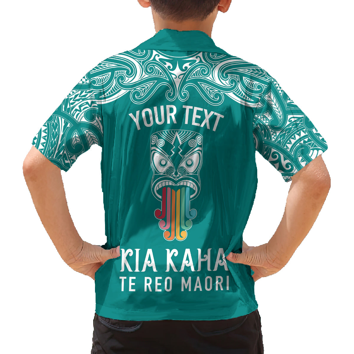 personalised-kia-kaha-te-reo-maori-kid-hawaiian-shirt-hei-tiki-mix-koru-teal