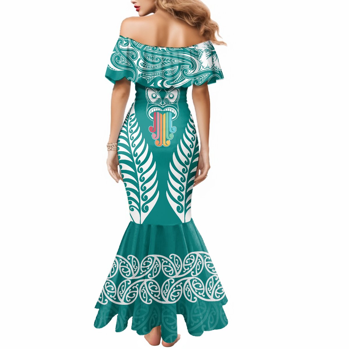 personalised-kia-kaha-te-reo-maori-mermaid-dress-hei-tiki-mix-koru-teal
