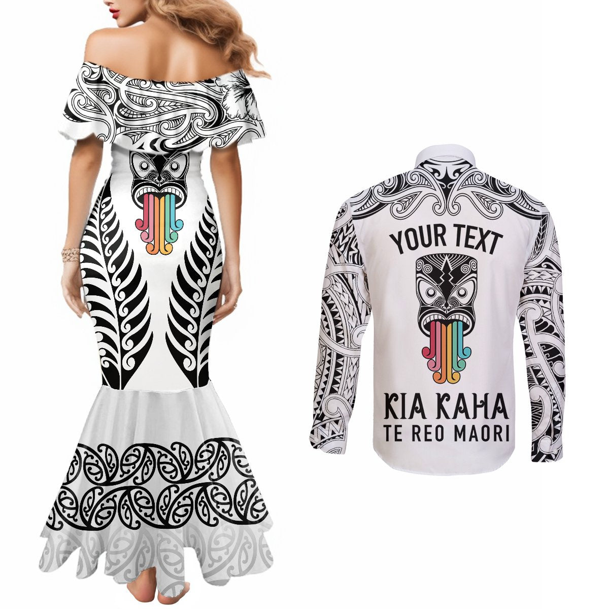 personalised-kia-kaha-te-reo-maori-couples-matching-mermaid-dress-and-long-sleeve-button-shirts-hei-tiki-mix-koru-white