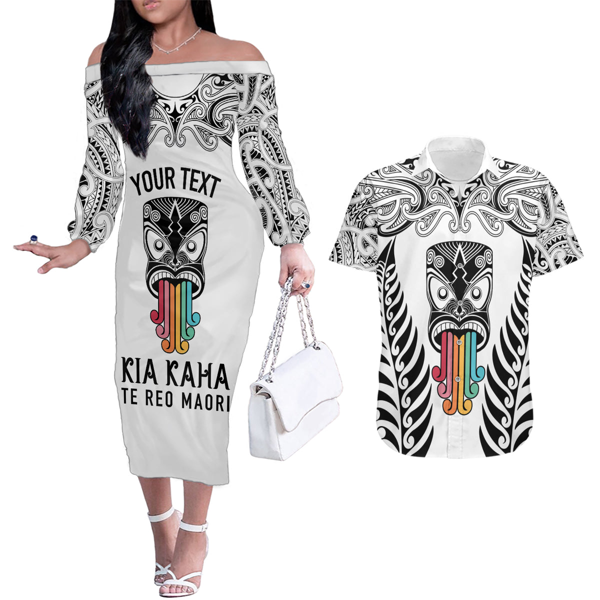 Personalised Kia Kaha Te Reo Maori Couples Matching Off The Shoulder Long Sleeve Dress and Hawaiian Shirt Hei Tiki Mix Koru - White LT7 White - Polynesian Pride