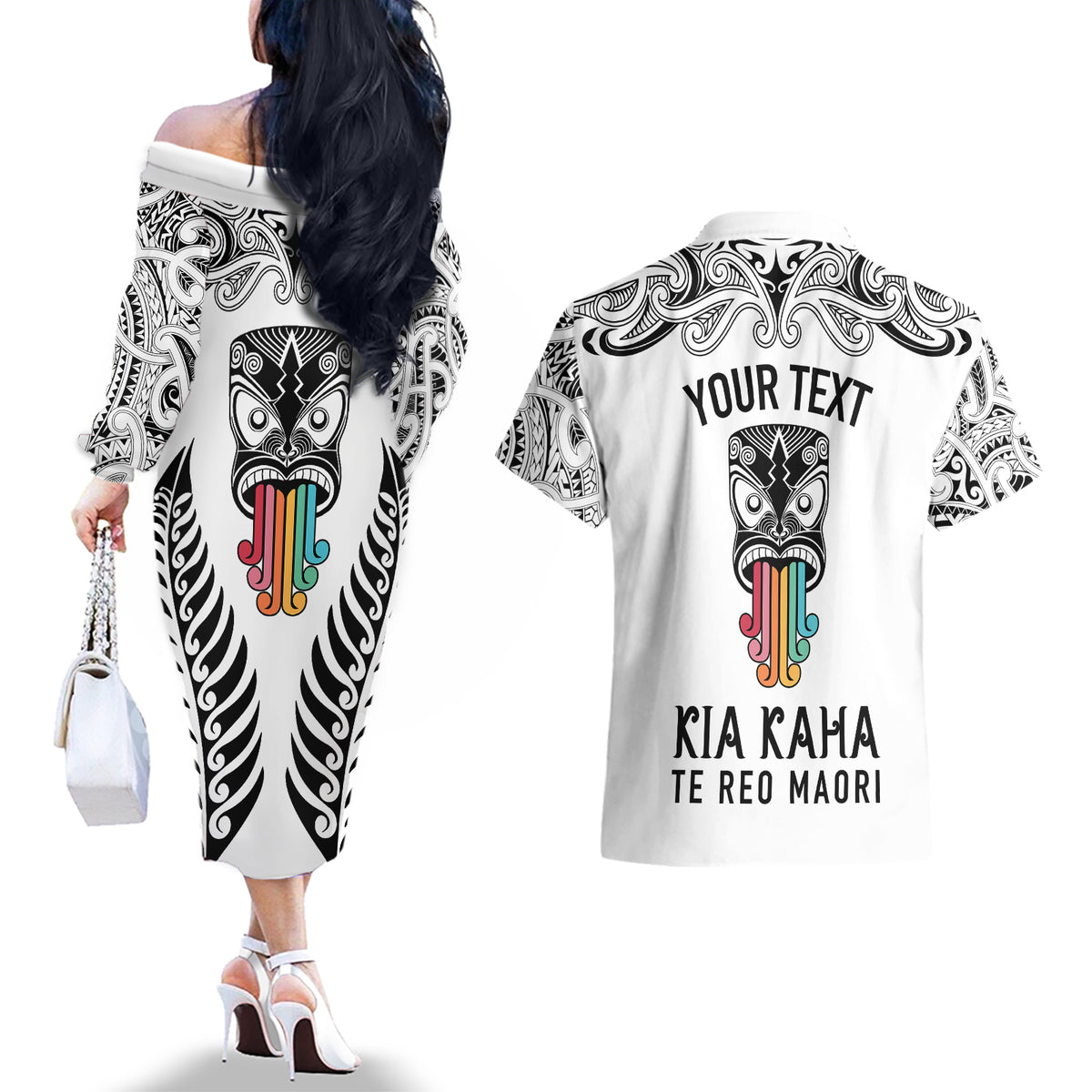 Personalised Kia Kaha Te Reo Maori Couples Matching Off The Shoulder Long Sleeve Dress and Hawaiian Shirt Hei Tiki Mix Koru - White LT7 - Polynesian Pride