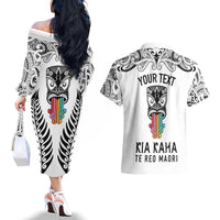 Personalised Kia Kaha Te Reo Maori Couples Matching Off The Shoulder Long Sleeve Dress and Hawaiian Shirt Hei Tiki Mix Koru - White LT7 - Polynesian Pride