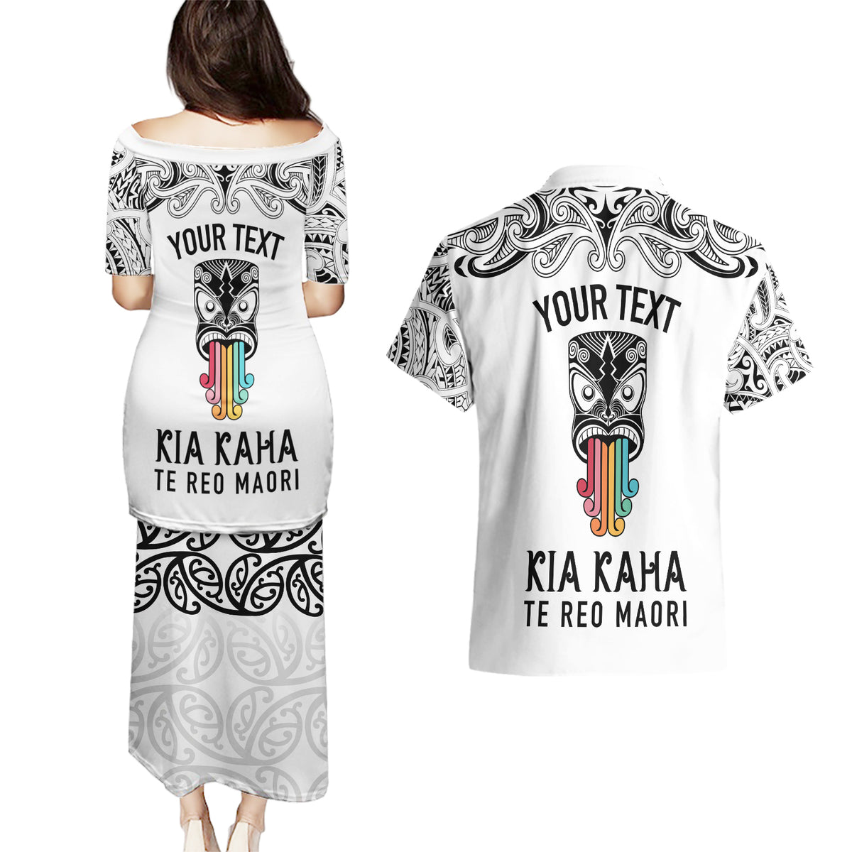Personalised Kia Kaha Te Reo Maori Couples Matching Puletasi Dress and Hawaiian Shirt Hei Tiki Mix Koru - White LT7 - Polynesian Pride