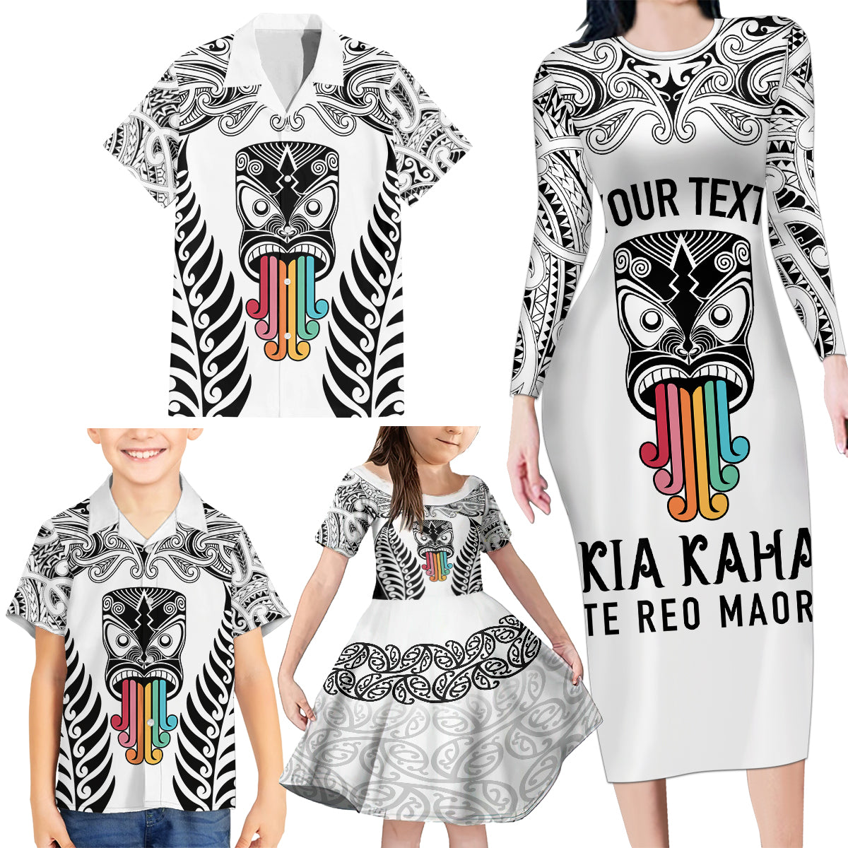 Personalised Kia Kaha Te Reo Maori Family Matching Long Sleeve Bodycon Dress and Hawaiian Shirt Hei Tiki Mix Koru - White LT7 - Polynesian Pride