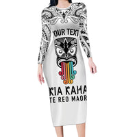 Personalised Kia Kaha Te Reo Maori Family Matching Long Sleeve Bodycon Dress and Hawaiian Shirt Hei Tiki Mix Koru - White LT7 Mom's Dress White - Polynesian Pride