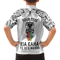 Personalised Kia Kaha Te Reo Maori Family Matching Off Shoulder Long Sleeve Dress and Hawaiian Shirt Hei Tiki Mix Koru - White LT7 - Polynesian Pride