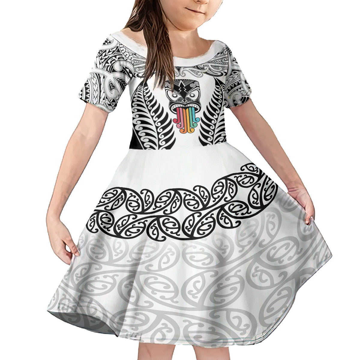 Personalised Kia Kaha Te Reo Maori Family Matching Off Shoulder Long Sleeve Dress and Hawaiian Shirt Hei Tiki Mix Koru - White LT7 Daughter's Dress White - Polynesian Pride