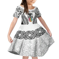 Personalised Kia Kaha Te Reo Maori Family Matching Off Shoulder Long Sleeve Dress and Hawaiian Shirt Hei Tiki Mix Koru - White LT7 Daughter's Dress White - Polynesian Pride