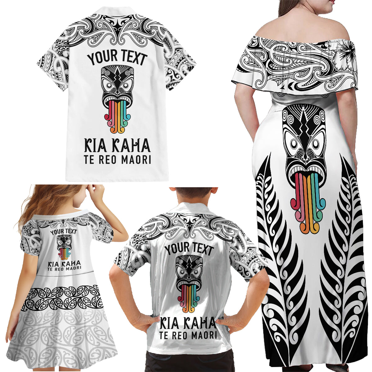 Personalised Kia Kaha Te Reo Maori Family Matching Off Shoulder Long Sleeve Dress and Hawaiian Shirt Hei Tiki Mix Koru - White LT7 - Polynesian Pride