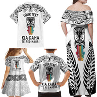 Personalised Kia Kaha Te Reo Maori Family Matching Off Shoulder Long Sleeve Dress and Hawaiian Shirt Hei Tiki Mix Koru - White LT7 - Polynesian Pride