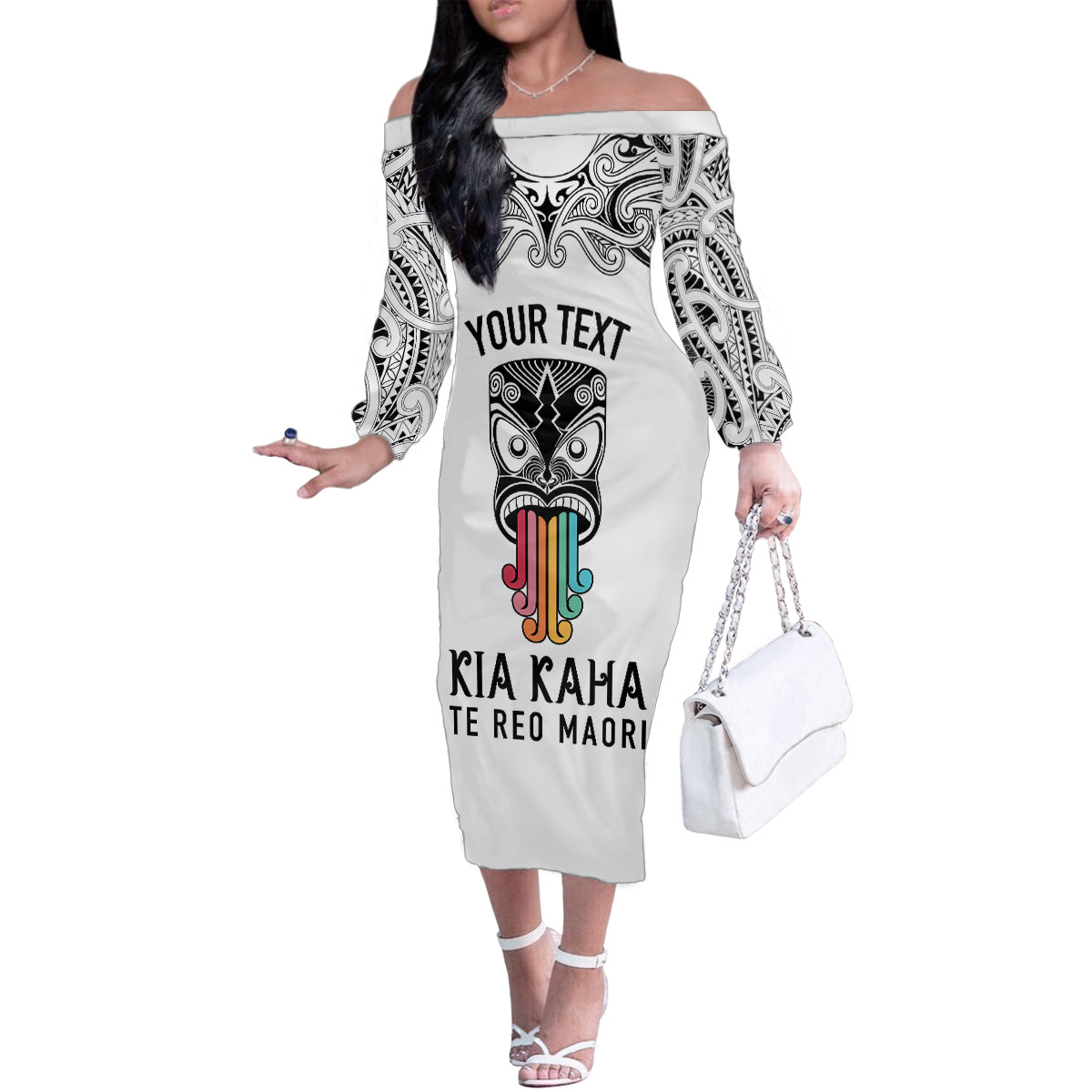 Personalised Kia Kaha Te Reo Maori Family Matching Off Shoulder Long Sleeve Dress and Hawaiian Shirt Hei Tiki Mix Koru - White LT7 Mom's Dress White - Polynesian Pride