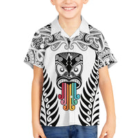 Personalised Kia Kaha Te Reo Maori Family Matching Off Shoulder Long Sleeve Dress and Hawaiian Shirt Hei Tiki Mix Koru - White LT7 Son's Shirt White - Polynesian Pride
