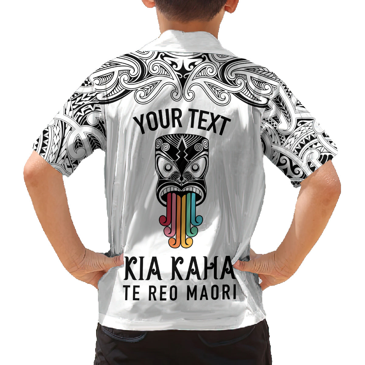 Personalised Kia Kaha Te Reo Maori Family Matching Off Shoulder Short Dress and Hawaiian Shirt Hei Tiki Mix Koru - White LT7 - Polynesian Pride