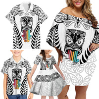 Personalised Kia Kaha Te Reo Maori Family Matching Off Shoulder Short Dress and Hawaiian Shirt Hei Tiki Mix Koru - White LT7 - Polynesian Pride