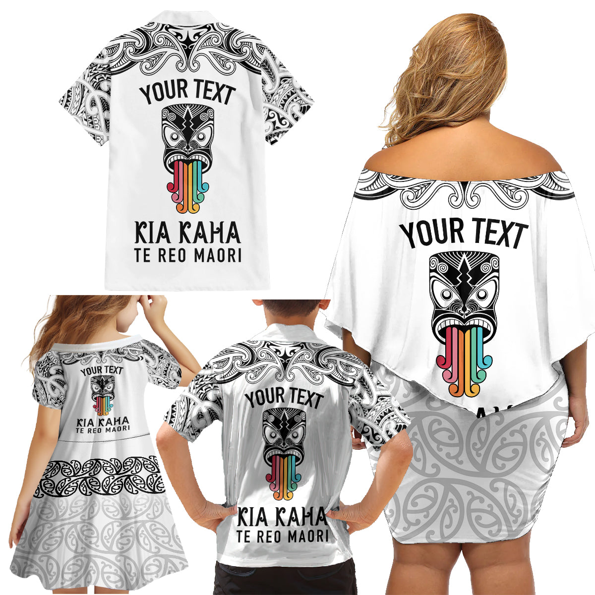 Personalised Kia Kaha Te Reo Maori Family Matching Off Shoulder Short Dress and Hawaiian Shirt Hei Tiki Mix Koru - White LT7 - Polynesian Pride