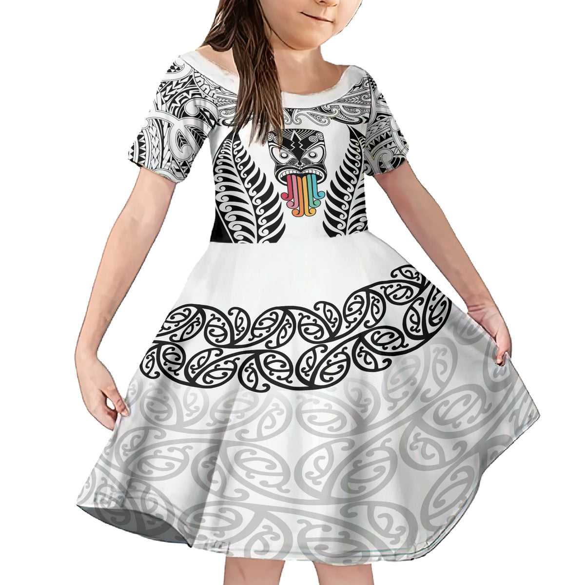 Personalised Kia Kaha Te Reo Maori Family Matching Short Sleeve Bodycon Dress and Hawaiian Shirt Hei Tiki Mix Koru - White LT7 Daughter's Dress White - Polynesian Pride