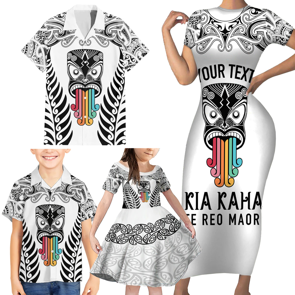 Personalised Kia Kaha Te Reo Maori Family Matching Short Sleeve Bodycon Dress and Hawaiian Shirt Hei Tiki Mix Koru - White LT7 - Polynesian Pride