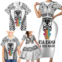 Personalised Kia Kaha Te Reo Maori Family Matching Short Sleeve Bodycon Dress and Hawaiian Shirt Hei Tiki Mix Koru - White LT7 - Polynesian Pride