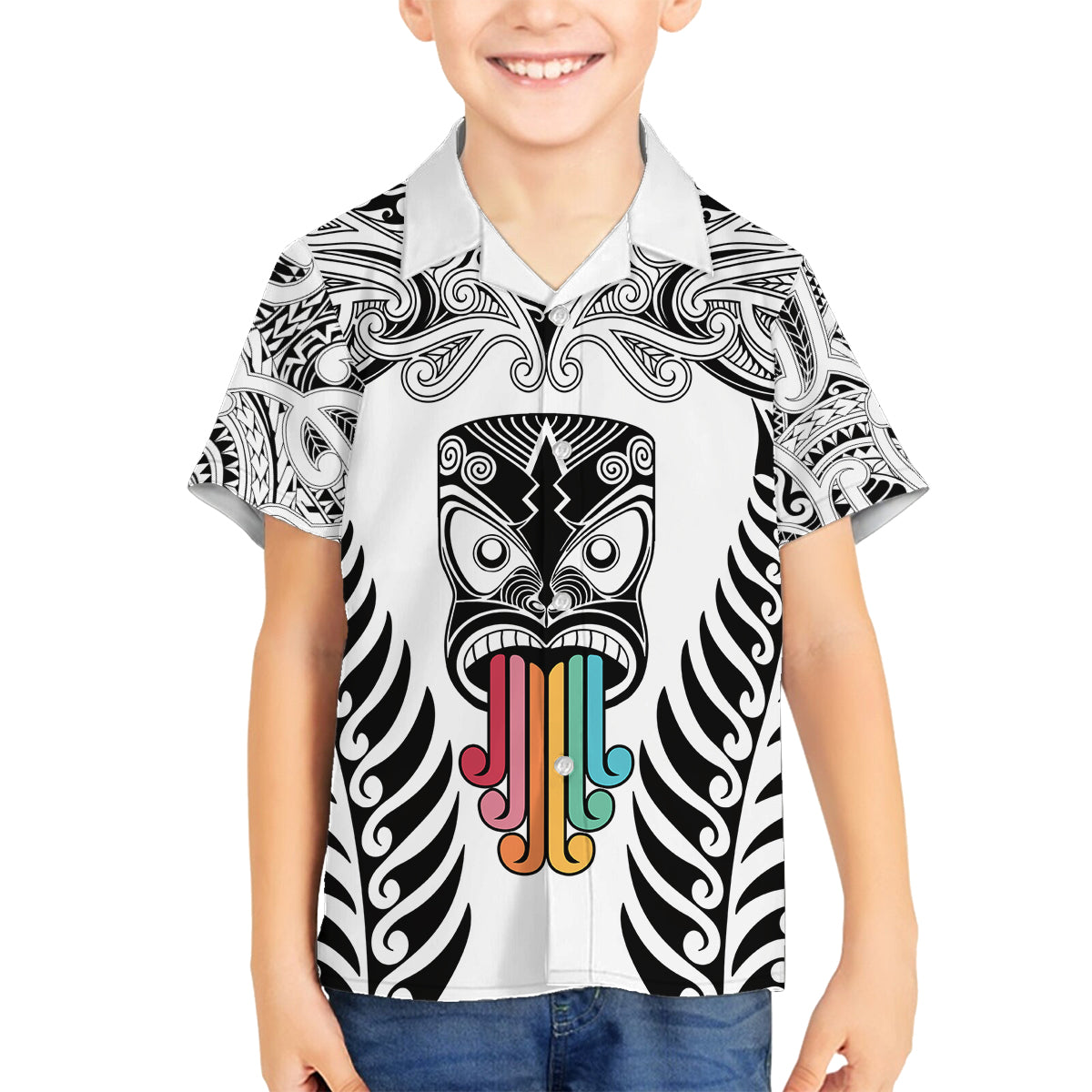 Personalised Kia Kaha Te Reo Maori Family Matching Tank Maxi Dress and Hawaiian Shirt Hei Tiki Mix Koru - White LT7 Son's Shirt White - Polynesian Pride
