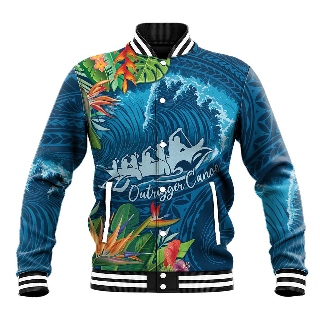 Outrigger Canoe Blue Baseball Jacket On The Waves