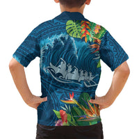 Outrigger Canoe Blue Family Matching Off Shoulder Maxi Dress and Hawaiian Shirt On The Waves