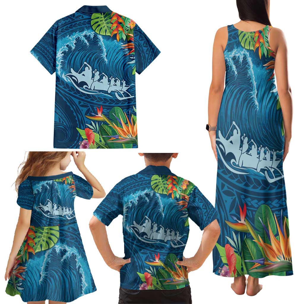 Outrigger Canoe Blue Family Matching Tank Maxi Dress and Hawaiian Shirt On The Waves