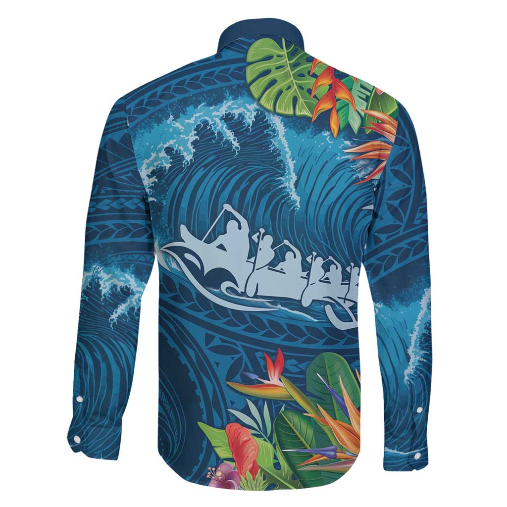 Outrigger Canoe Blue Family Matching Tank Maxi Dress and Hawaiian Shirt On The Waves