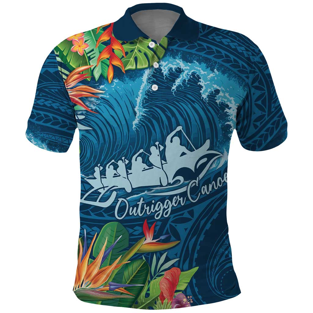 Outrigger Canoe Blue Polo Shirt On The Waves
