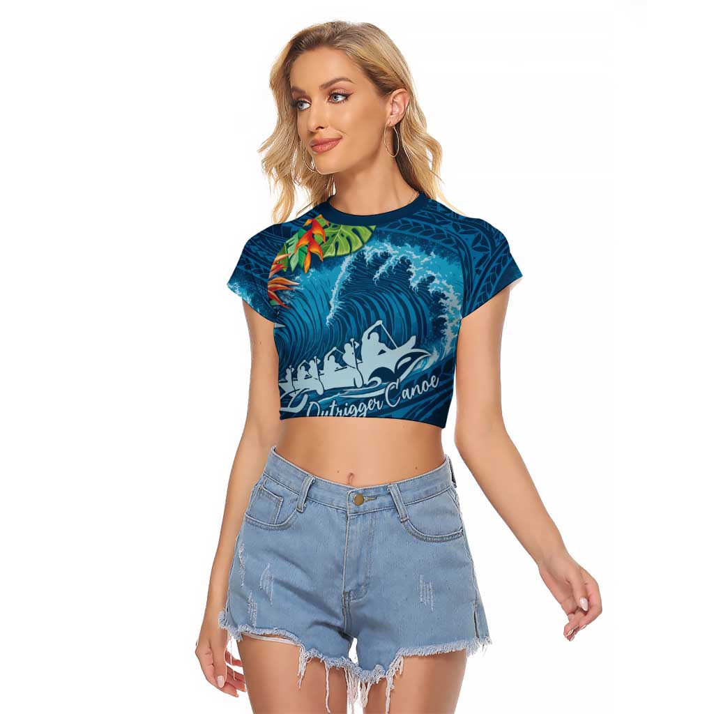 Outrigger Canoe Blue Raglan Cropped T Shirt On The Waves