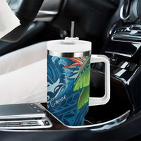 Outrigger Canoe Blue Tumbler With Handle On The Waves