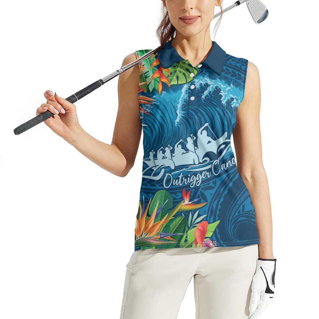 Outrigger Canoe Blue Women Sleeveless Polo Shirt On The Waves