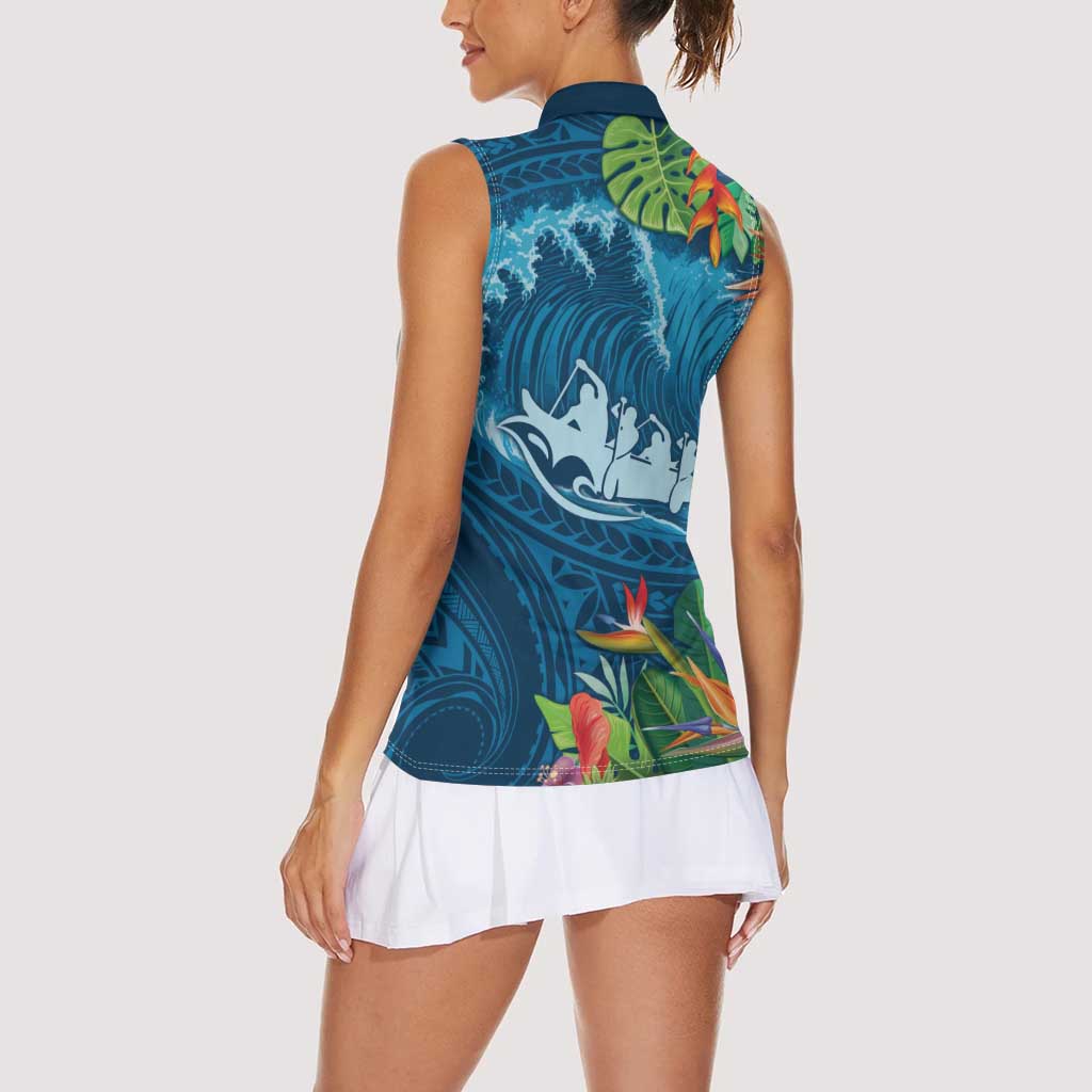Outrigger Canoe Blue Women Sleeveless Polo Shirt On The Waves