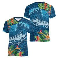 Outrigger Canoe Blue Women V-Neck T-Shirt On The Waves