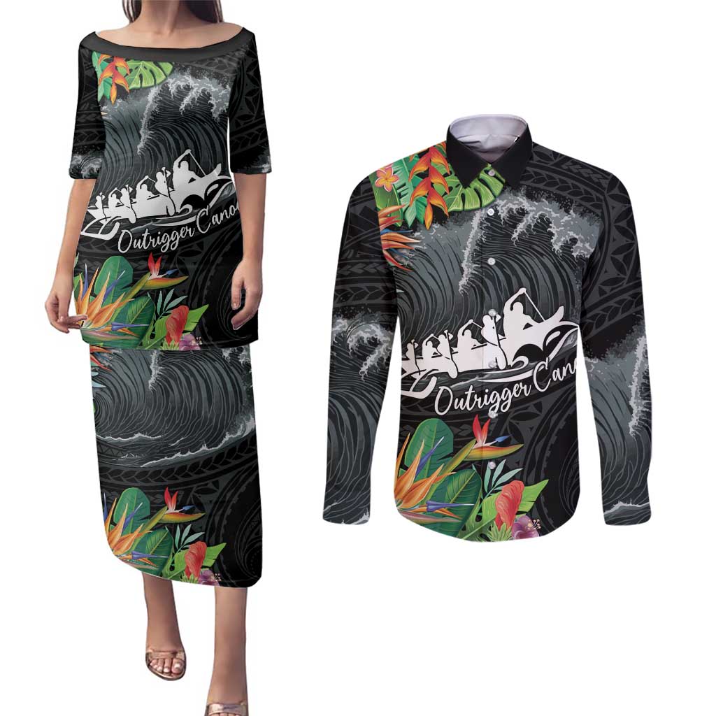 Outrigger Canoe Black Couples Matching Puletasi and Long Sleeve Button Shirt On The Waves