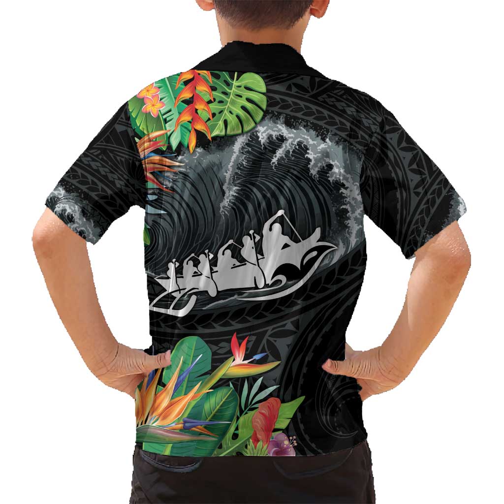Outrigger Canoe Black Family Matching Summer Maxi Dress and Hawaiian Shirt On The Waves