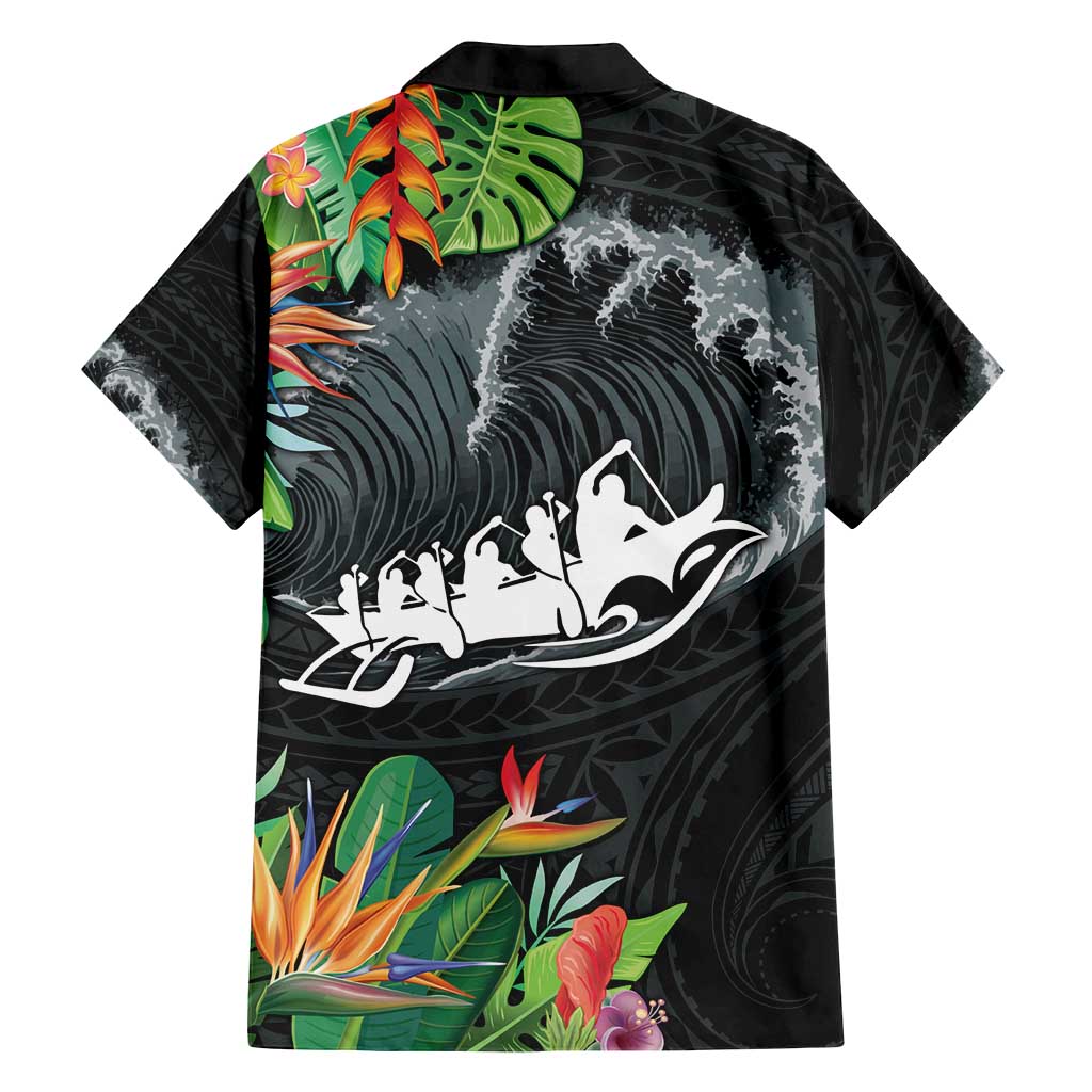 Outrigger Canoe Black Family Matching Tank Maxi Dress and Hawaiian Shirt On The Waves