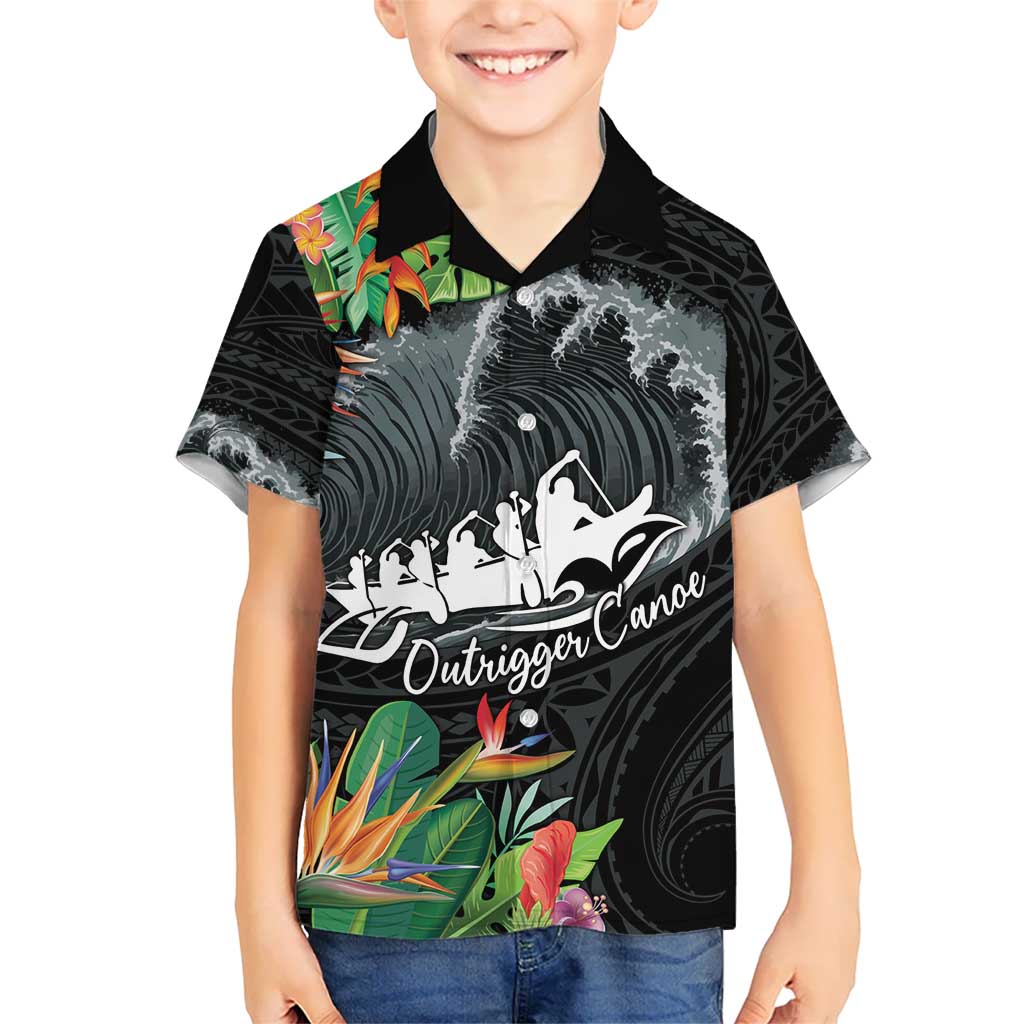 Outrigger Canoe Black Hawaiian Shirt On The Waves