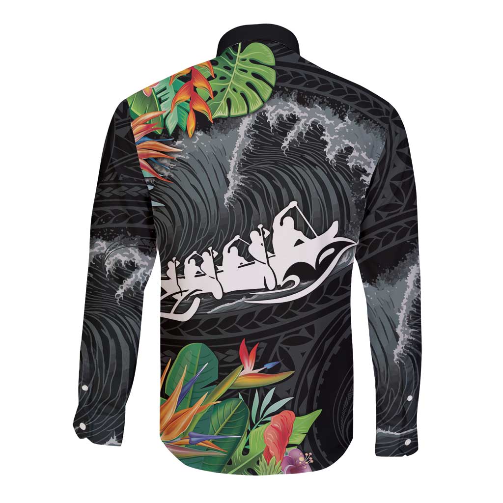Outrigger Canoe Black Long Sleeve Button Shirt On The Waves
