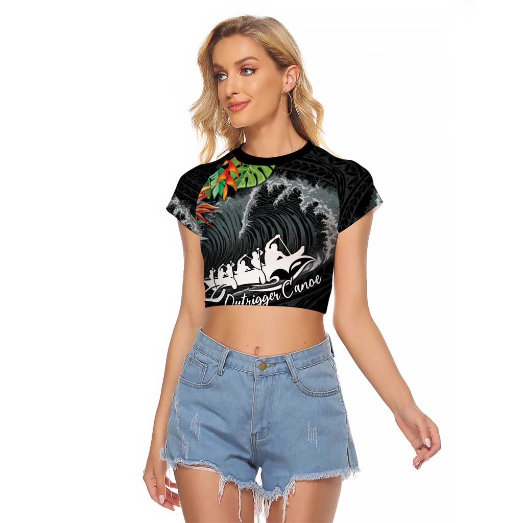 Outrigger Canoe Black Raglan Cropped T Shirt On The Waves