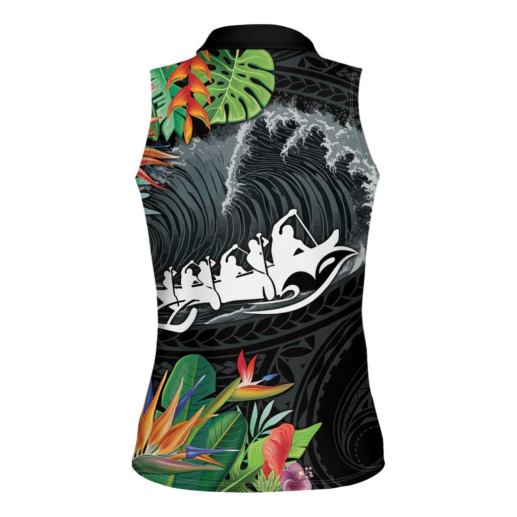 Outrigger Canoe Black Women Sleeveless Polo Shirt On The Waves