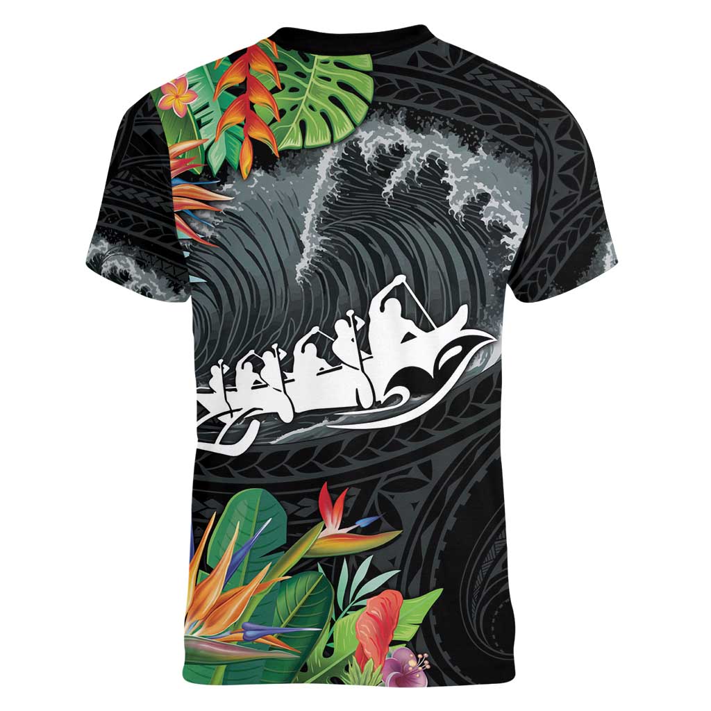 Outrigger Canoe Black Women V-Neck T-Shirt On The Waves