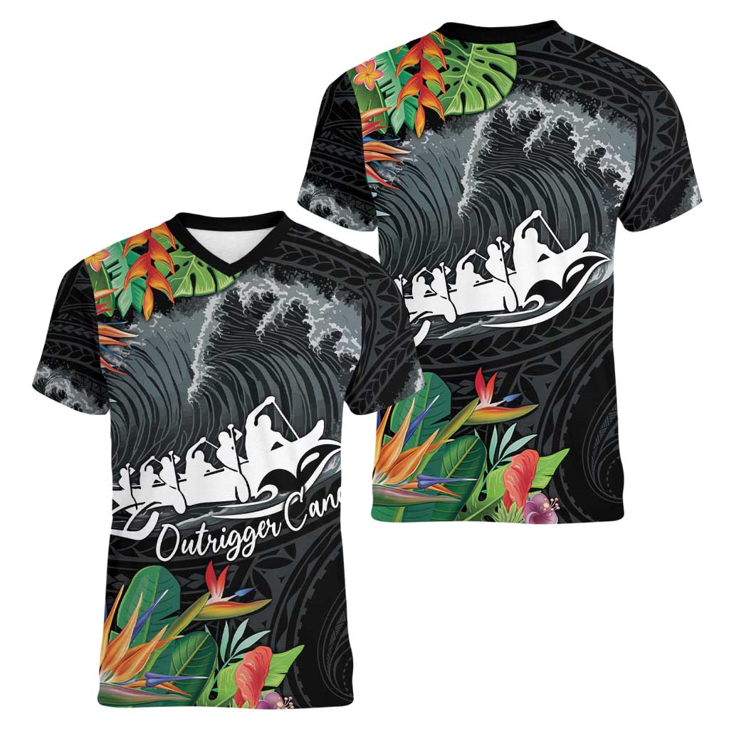Outrigger Canoe Black Women V-Neck T-Shirt On The Waves