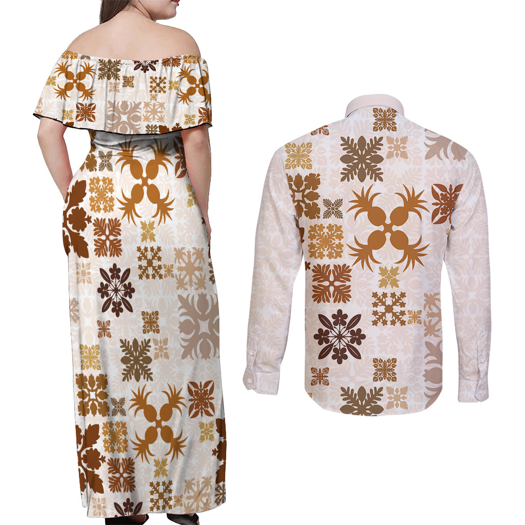 Vintage Hawaii Couples Matching Off Shoulder Maxi Dress and Long Sleeve Button Shirts Hawaiian Quilt Kapa Mismatch Beige LT7 - Polynesian Pride